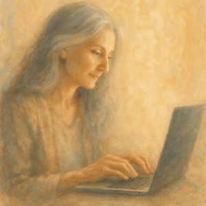 Frau mit Laptop sucht emotionale Unterstützung durch KI
