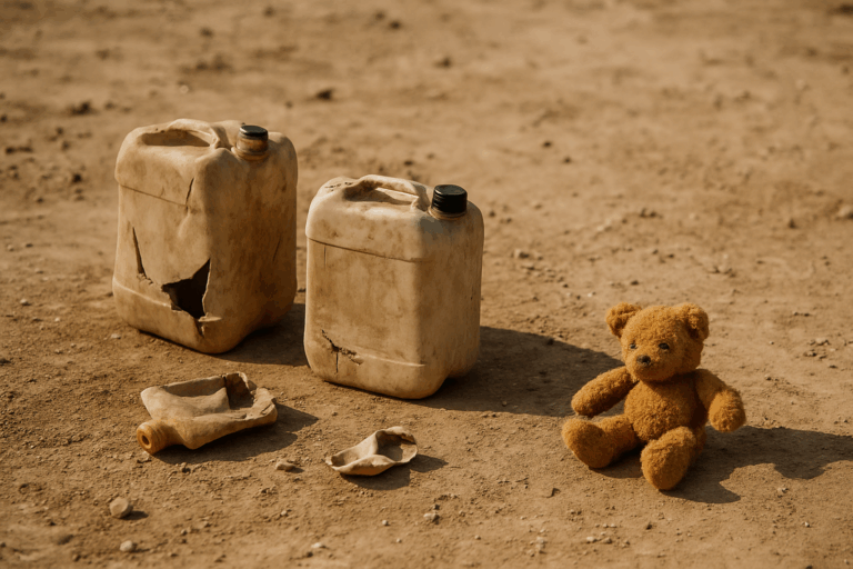 Wenn Menschlichkeit dringend gefragt ist: Zwei leere und kaputte Wasserkanister stehen auf dem sandigen Boden. Daneben eine kleiner brauner Teddybär.