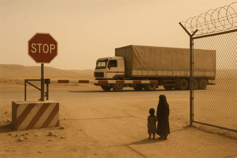 LKW mit Hilfsgütern steht vor Stoppschild und Schranke. Hinter der Schranke stehen eine Mutter und ihr kleines Kind - Hand in Hand.