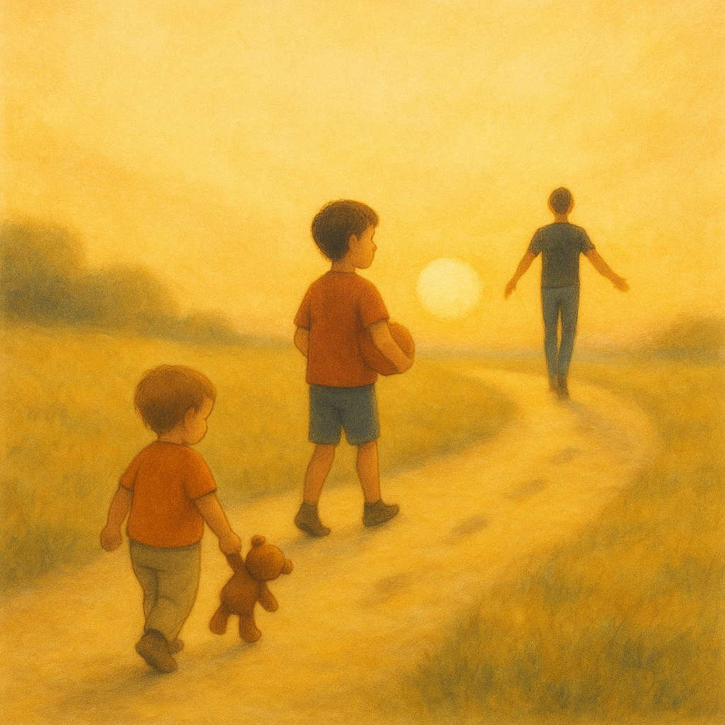 Baby, Kleinkind und Jugendlicher gehen auf einem Weg der Sonne entgegen. Der Weg ist mit Gräsern und Sträuchern umrahmt.