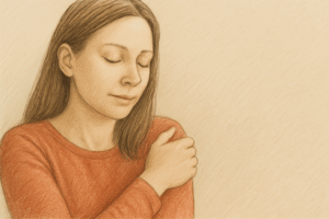 Gesund fühlen lernen: Eine Frau sitzt ruhig und nach innen gewandt in sanftem Licht – ein Sinnbild dafür, gesund fühlen zu lernen und inneren Frieden zu finden.