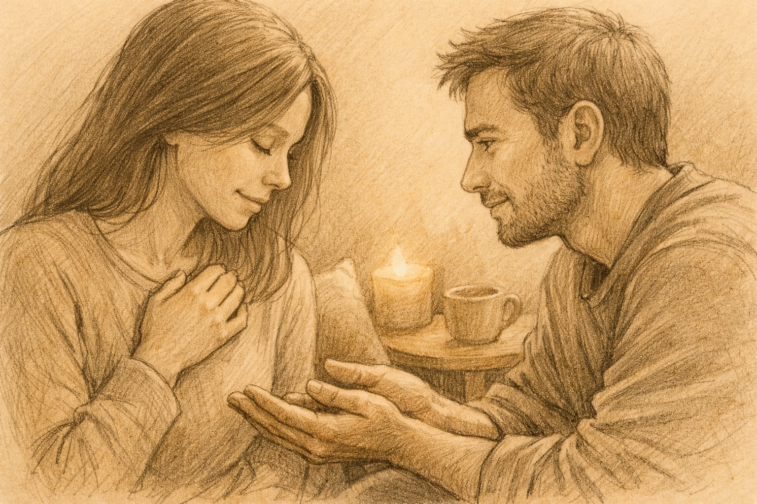 Echte Kommunikation: Zwei Menschen sitzen sich zugewandt gegenüber und sprechen ruhig miteinander, weiche Illustration in warmen Naturtönen.