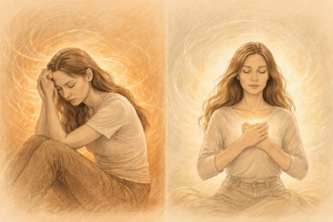 Frau in zwei Zuständen zwischen Aushalten und innerer Ruhe, symbolisiert den Unterschied zwischen Anspannung und Dasein im Nervensystem - Saskia John