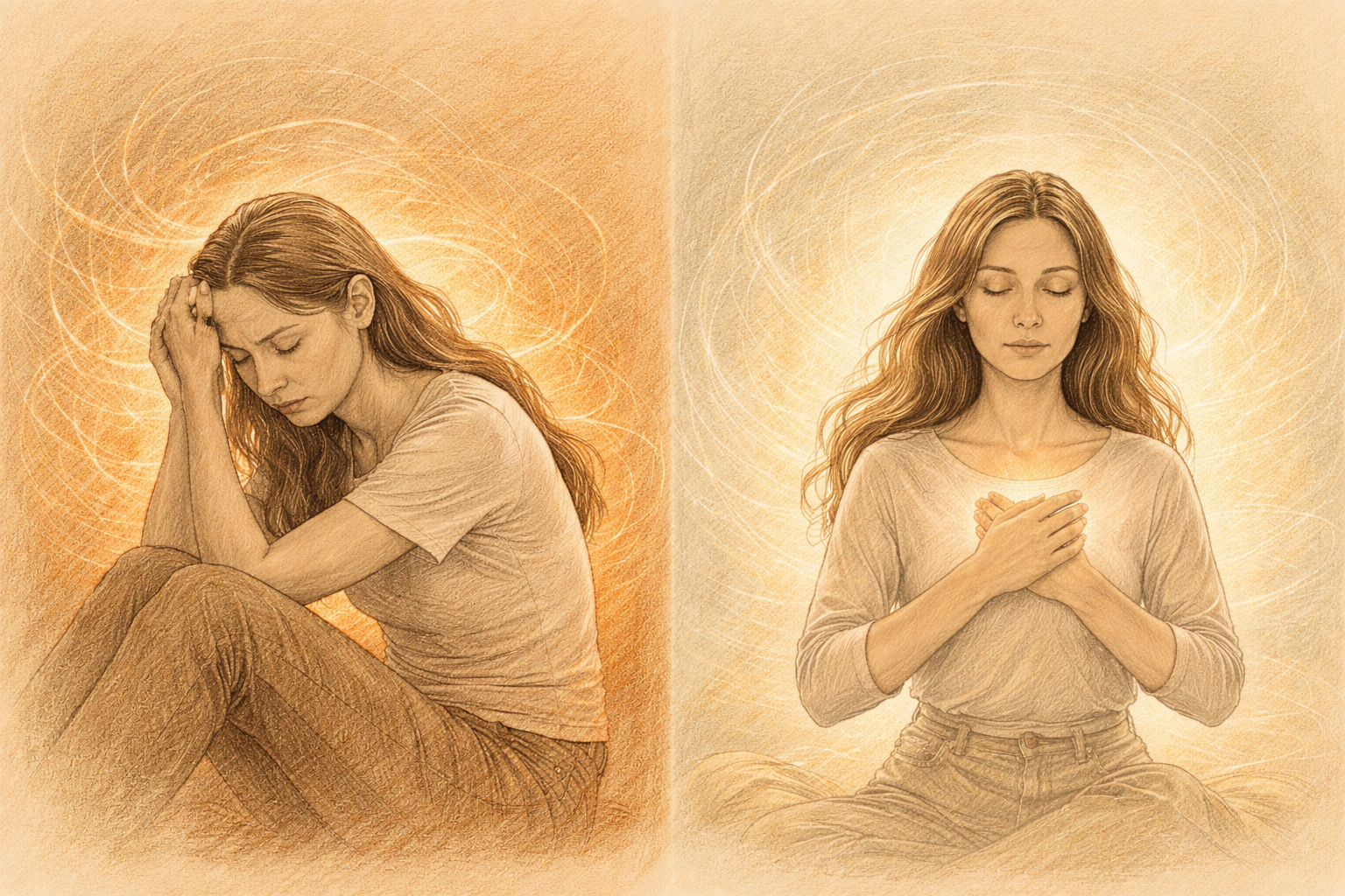 Frau in zwei Zuständen zwischen Aushalten und innerer Ruhe, symbolisiert den Unterschied zwischen Anspannung und Dasein im Nervensystem - Saskia John