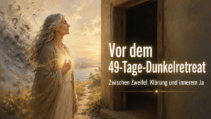 Vor dem 49-Tage-Dunkelretreat steht eine Frau mit geschlossenen Augen vor einem dunklen Eingang. Zwischen Zweifeln, innerer Klärung und dem Ruf nach Veränderung richtet sie sich auf ihren Weg ins Unbekannte aus.