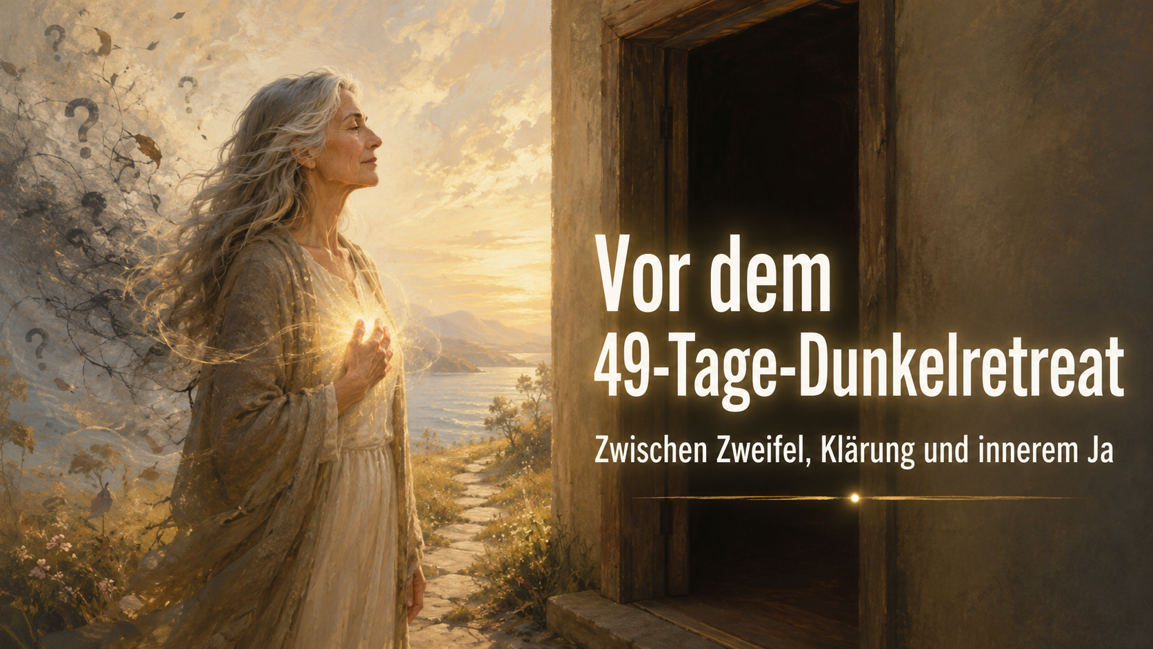 Vor dem 49-Tage-Dunkelretreat steht eine Frau mit geschlossenen Augen vor einem dunklen Eingang. Zwischen Zweifeln, innerer Klärung und dem Ruf nach Veränderung richtet sie sich auf ihren Weg ins Unbekannte aus.