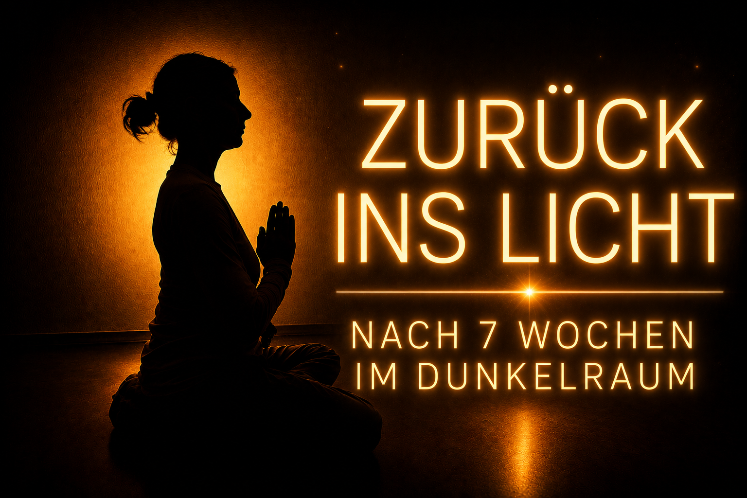 Silhouette einer meditierenden Frau vor warm leuchtendem Hintergrund in dunkler Atmosphäre mit großer goldener Neon-Schrift: „Zurück ins Licht – Nach 7 Wochen im Dunkelraum“.