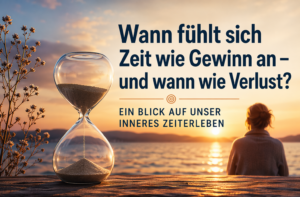 Zeitgefühl verstehen: Sanduhr am See bei Sonnenuntergang als Symbol für subjektives Zeiterleben