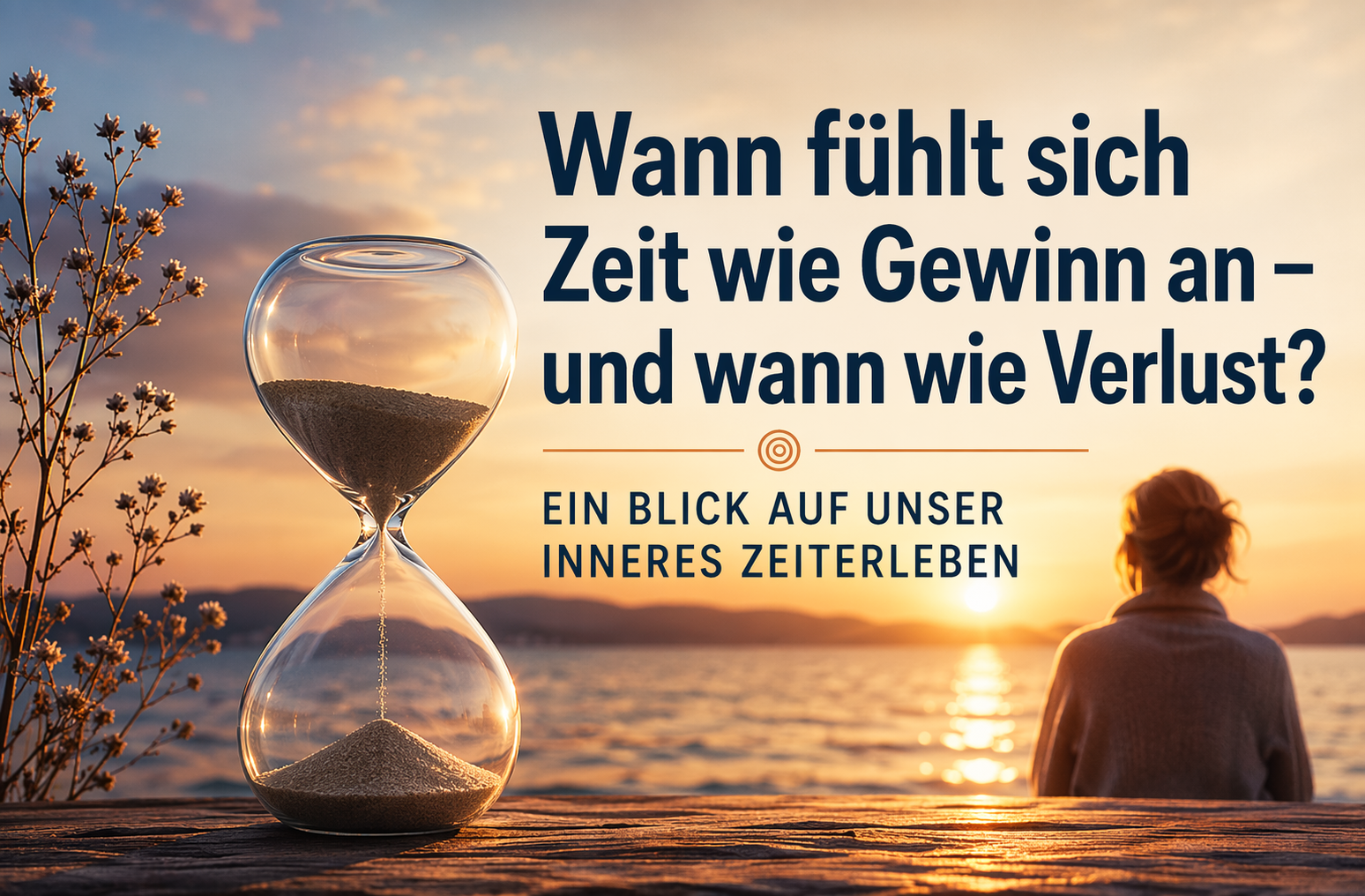 Zeitgefühl verstehen: Sanduhr am See bei Sonnenuntergang als Symbol für subjektives Zeiterleben